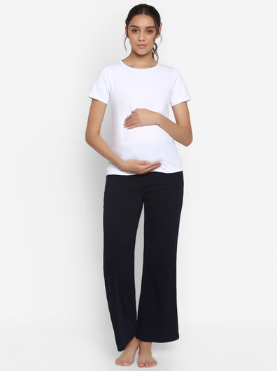 Maternity Stretch Cotton Pajama & T-Shirt Set- White/Blue