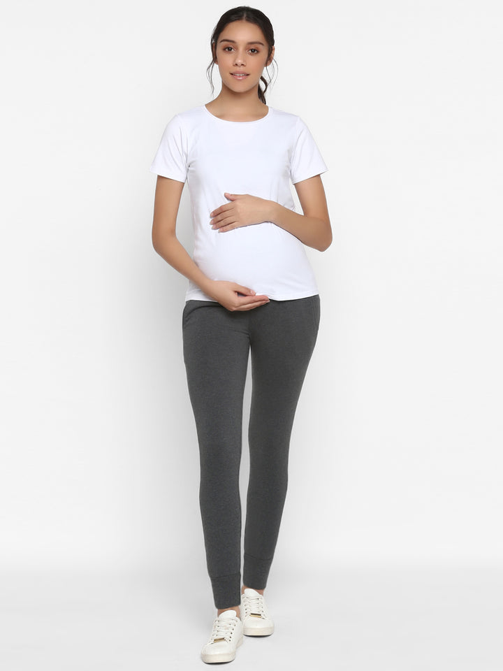 Maternity T-shirt & Joggers Set- White/Grey