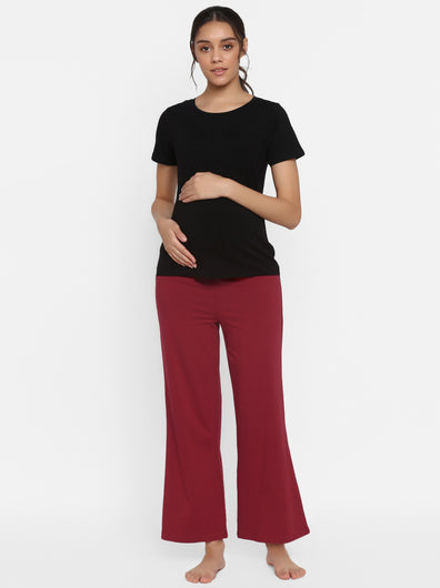 Maternity Stretch Cotton Pajama & T-Shirt Set- Black/Maroon