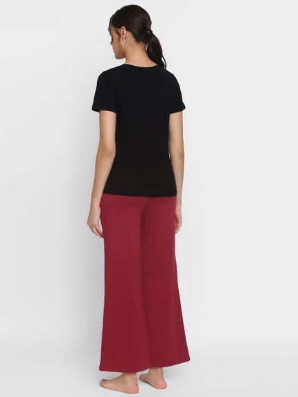 Maternity Stretch Cotton Pajama & T-Shirt Set- Black/Maroon