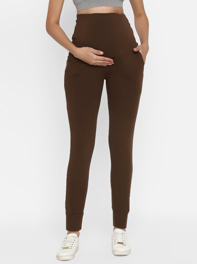 High-rise Maternity Joggers Pants- Brown