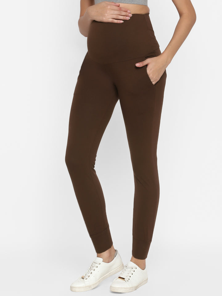 High-rise Maternity Joggers Pants- Brown