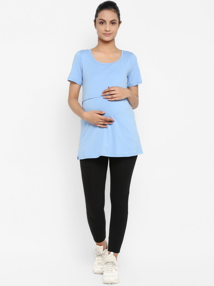 Maternity UnderBelly Leggings & Nursing T-Shirt Set- Light Blue