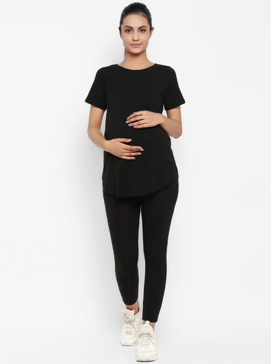 Maternity Over-Belly Leggings & T-Shirt Set- Black