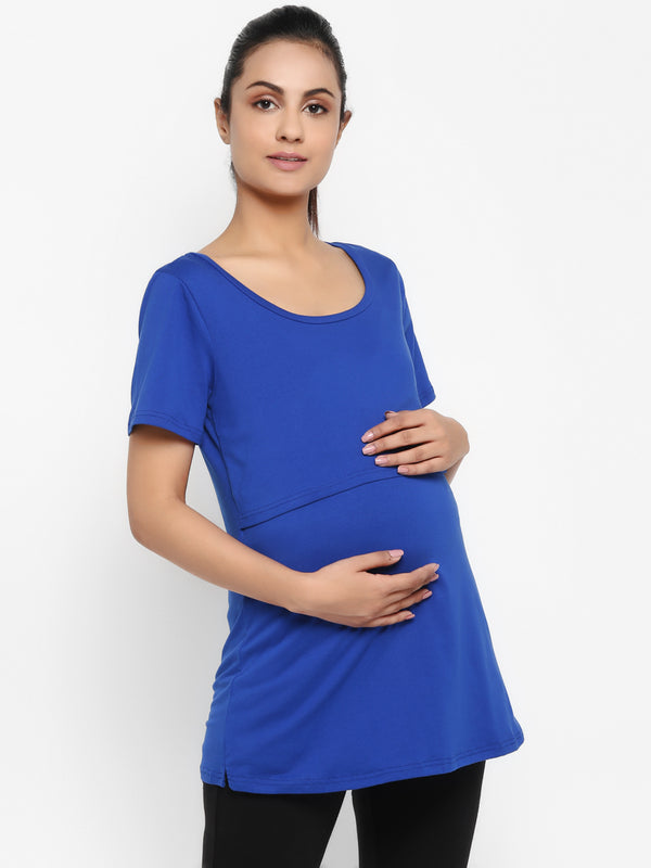 Half Sleeves Maternity Feeding T-Shirt with Over Belly Legging - Electric Blue