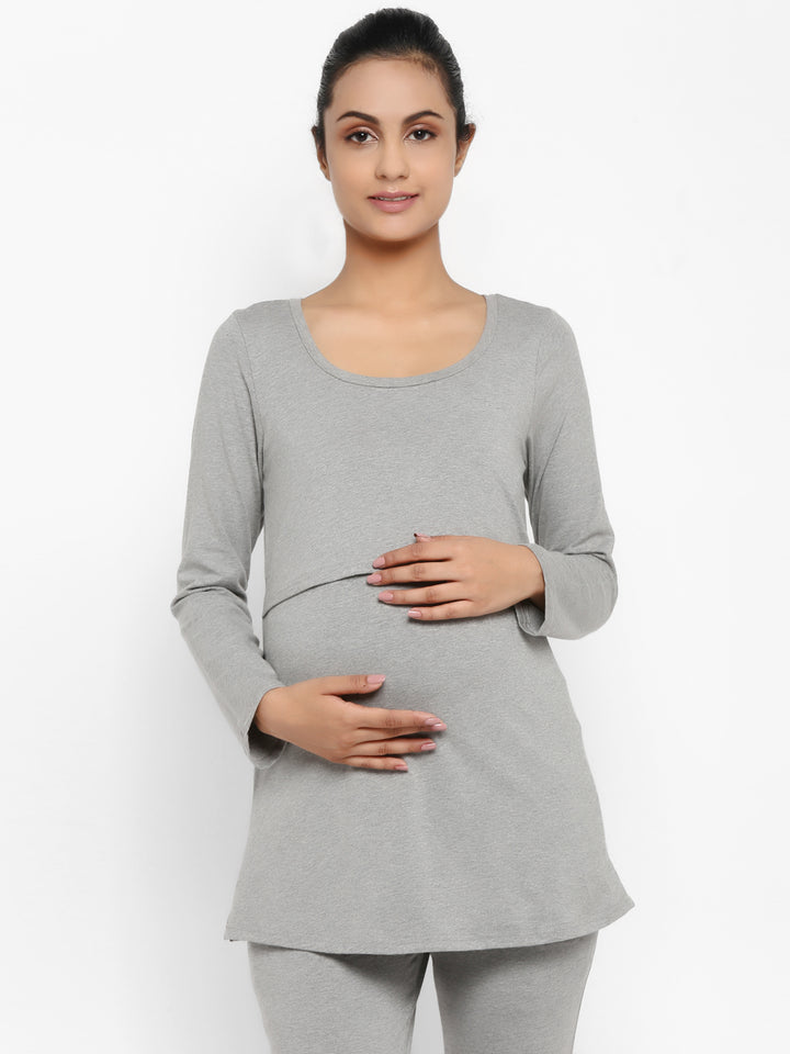 2pc. Maternity UnderBelly Leggings + Feeding T-Shirt - Grey