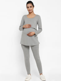 2pc. Full Sleeves Maternity Feeding T-Shirt & Legging - Grey
