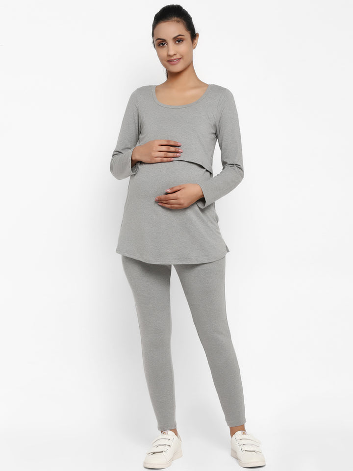 Maternity Under-Belly Leggings & Feeding T-Shirt- Grey