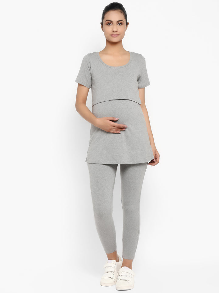 Maternity UnderBelly Leggings & Nursing T-Shirt Set- Grey