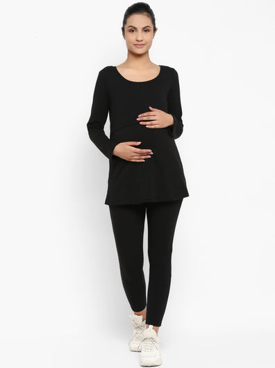 Maternity Under-Belly Leggings & Feeding T-Shirt- Black