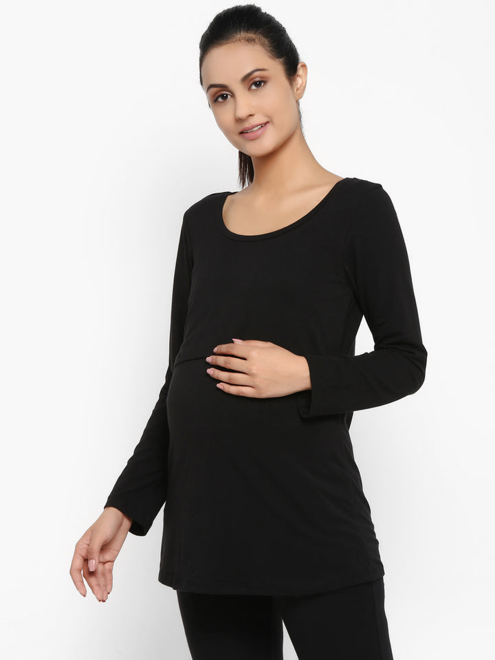 Maternity Under-Belly Leggings & Feeding T-Shirt- Black