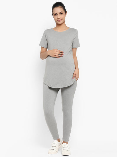Maternity Over-Belly Leggings & T-Shirt Set- Grey