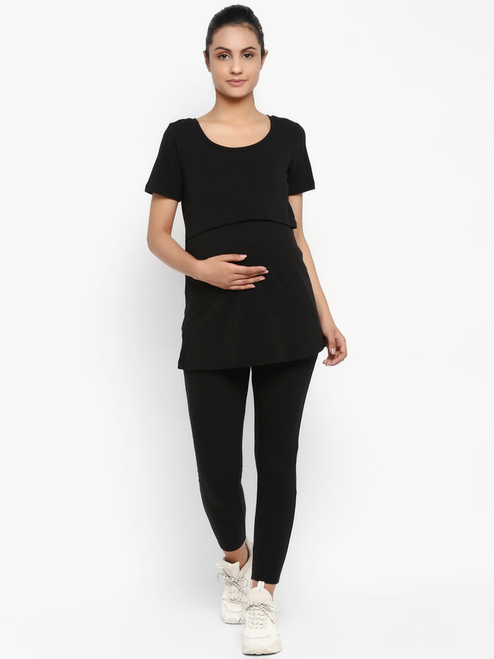 Maternity UnderBelly Leggings & Nursing T-Shirt Set- Black