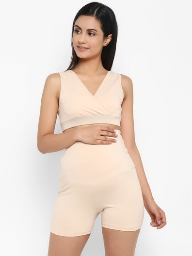 2pc. Maternity/Nursing Bra + Shorts Set - Beige