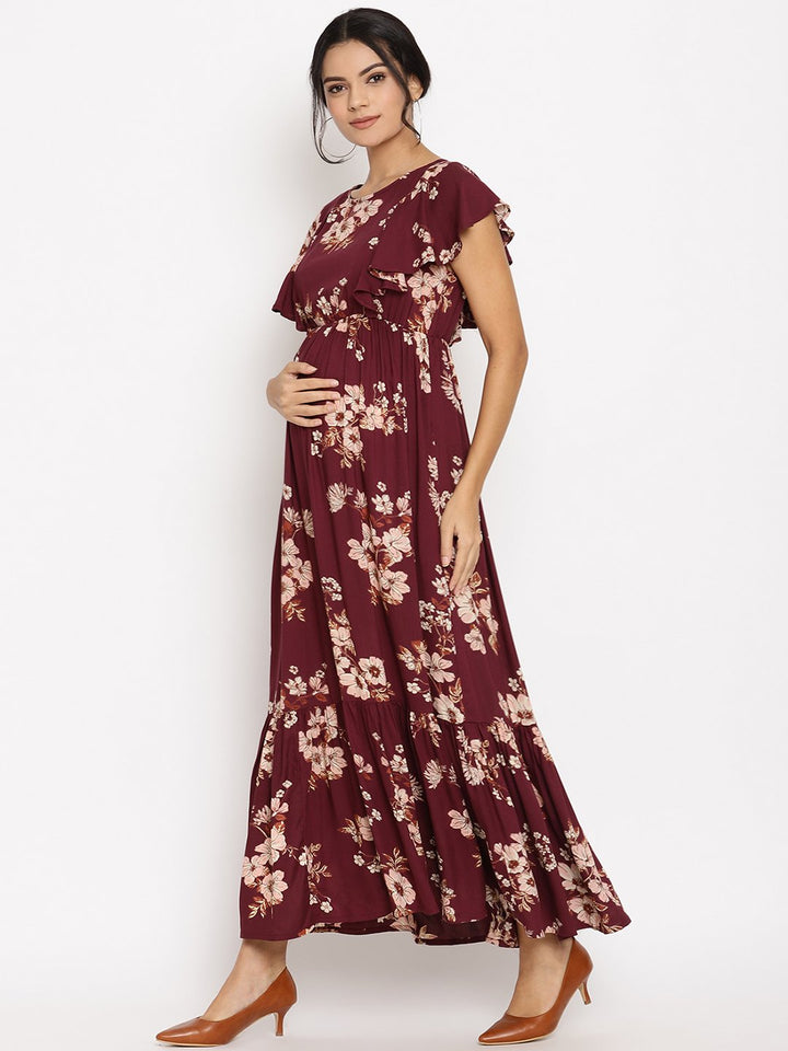 Summer Maternity Long Maxi Dress with Zip - Floral Print