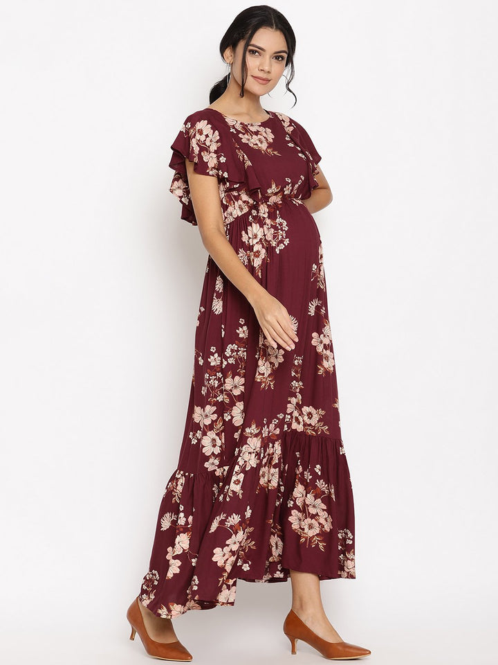 Summer Maternity Long Maxi Dress with Zip - Floral Print | Wobbly Walk