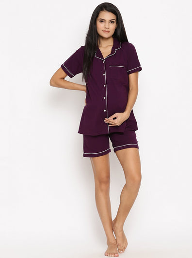 Maternity Night Suit Shorts Set- Purple