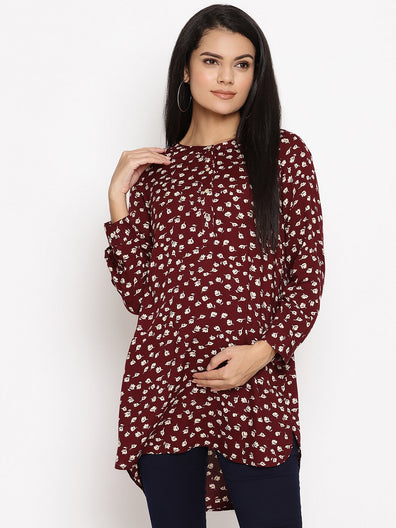 Maternity/Feeding Tunic Button front printed brown 