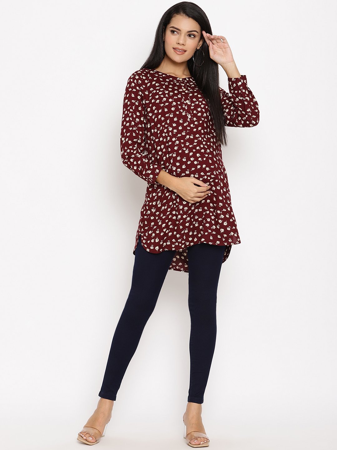 Button Front Long Sleeve Maternity & Nursing Tunic Top