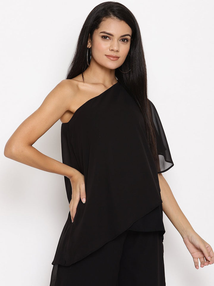 Maternity One-Shoulder Georgette Top - Black