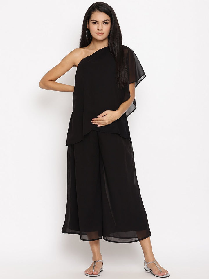 Maternity One-Shoulder Georgette Top - Black