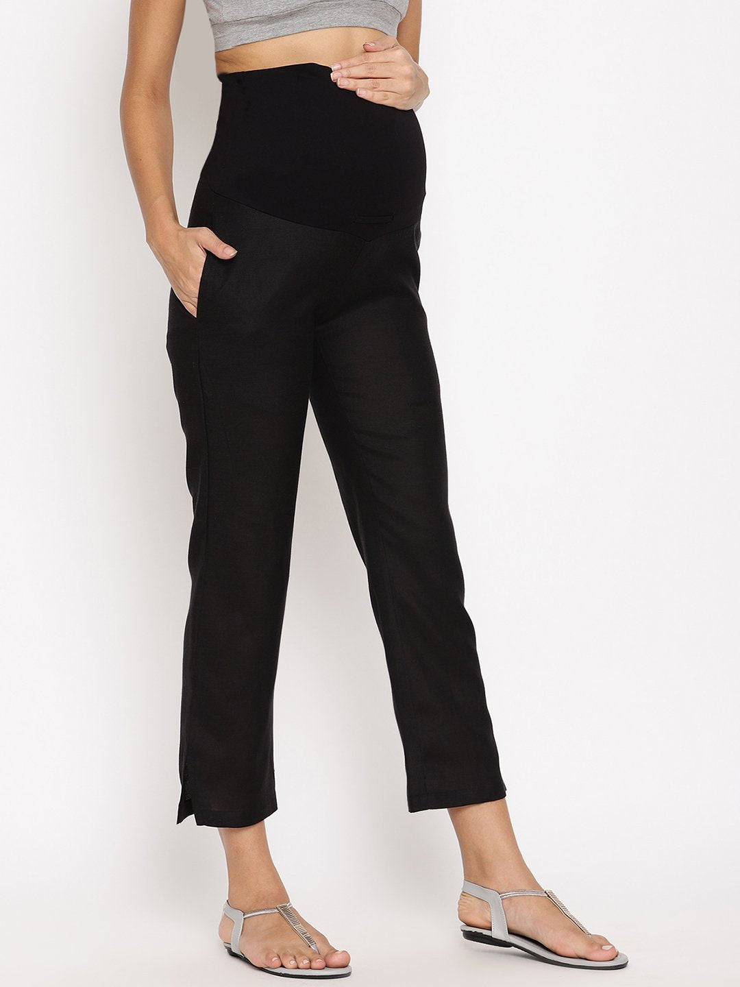 Hirise Cropped CottonLinen Maternity Pants  Black  Wobbly Walk