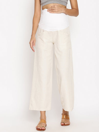 Maternity Cotton Linen Palazzo Pants-Beige