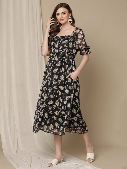 Black Flower Print Maternity Dress