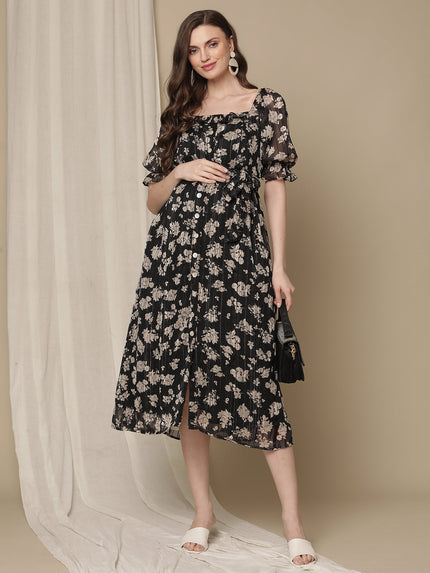 Black Flower Print Maternity Dress