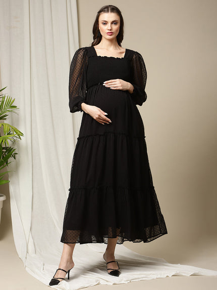 Maternity Smocked Long Maxi Dress - Black Maternity Smocked Long Maxi Dress - Black