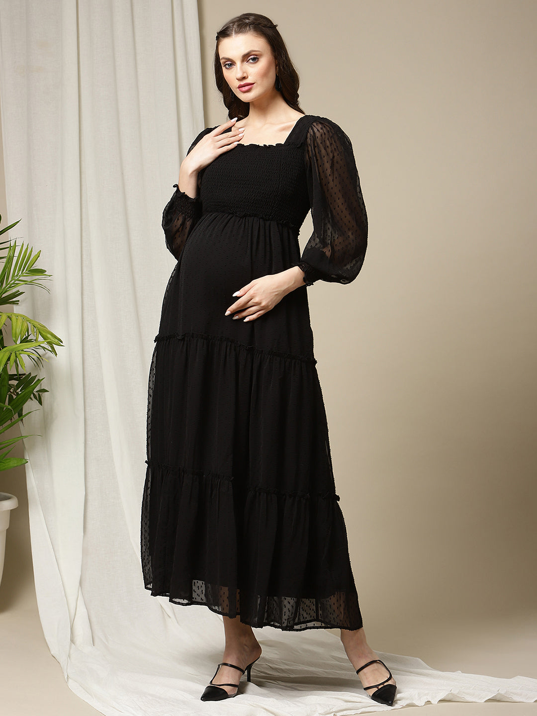Maternity Smocked Long Maxi Dress - Black Maternity Smocked Long Maxi Dress - Black