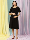 Stretchy Maternity Rib-knit Dress- Black