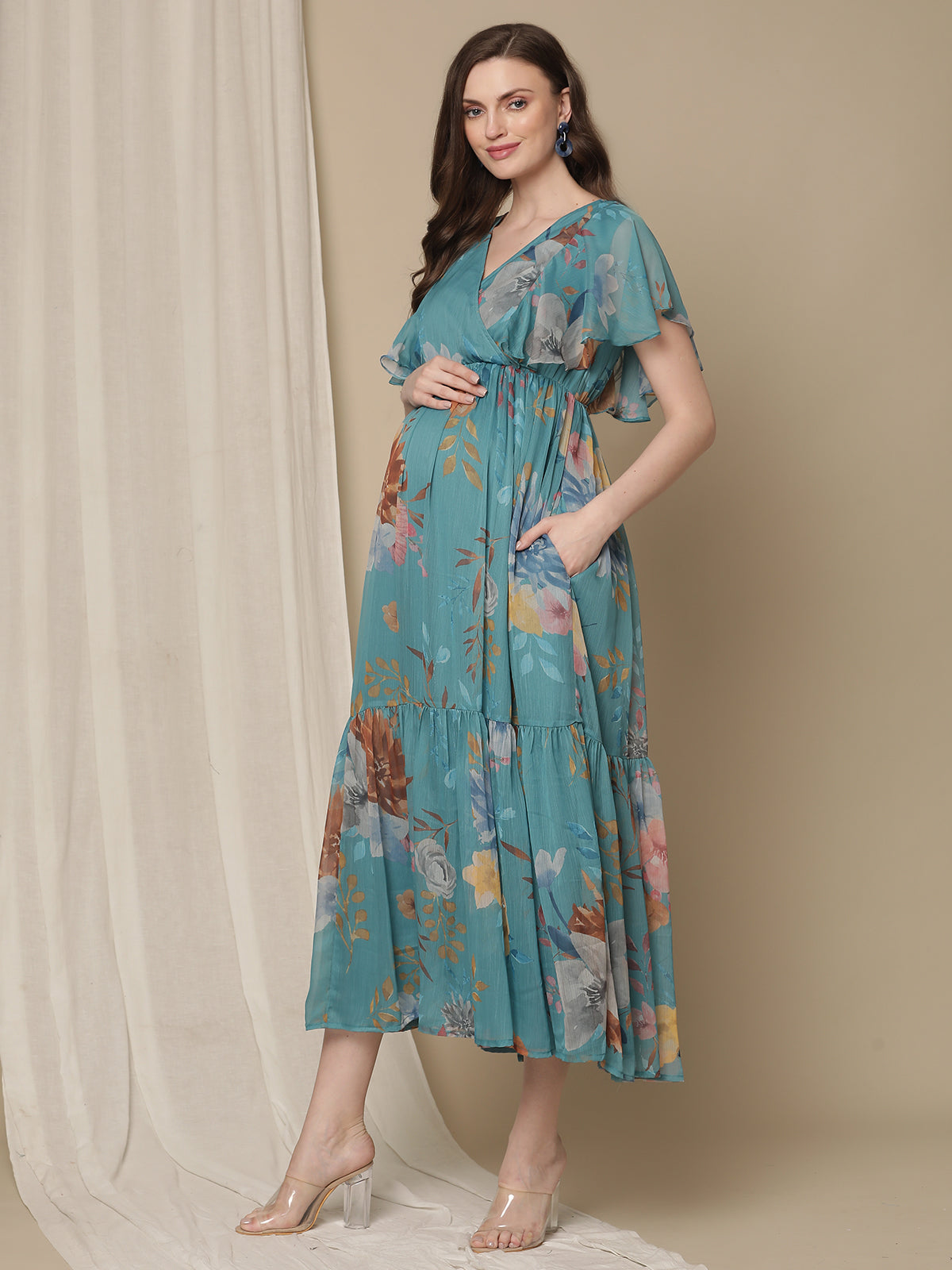 Chiffon Maternity Dress, Blue, 2XL Chiffon Maternity Dress, Blue, 2XL