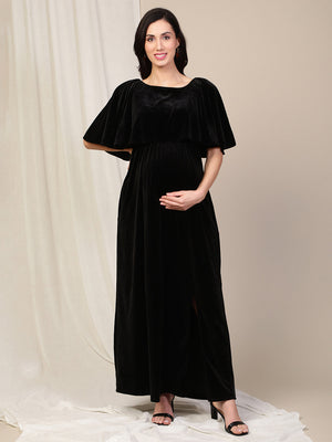 Velvet Pregnancy Dress with Slit- Black