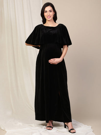 Velvet Pregnancy Dress with Slit- Black