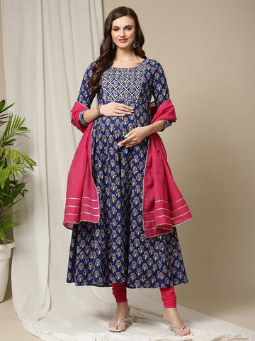 3pc. Cotton Maternity Kurti + Churidar + Dupatta Set