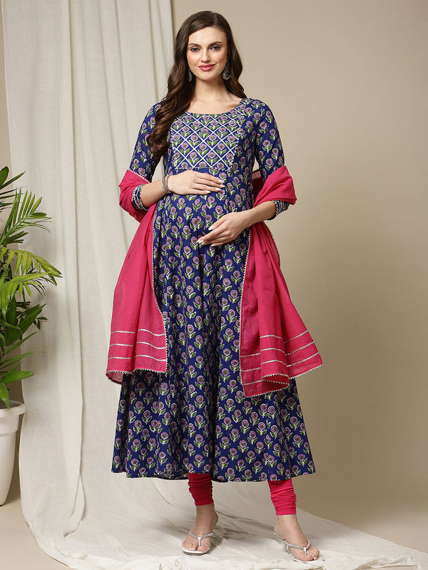 cotton maternity kurti with churidar dupatta blue