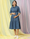 Front view of Wobbly Walk Denim Maternity Dress featuring a collared neckline, full sleeves with cuff openings, and a midi length