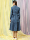 Back view of Wobbly Walk Denim Maternity Dress highlighting the adjustable waist belt