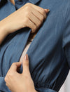Close-up image showing the hidden side zipper on the Wobbly Walk Denim Maternity Dress, designed for easy nursing access