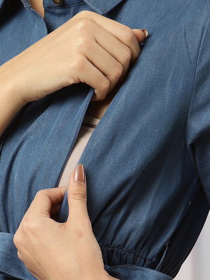 Close-up image showing the hidden side zipper on the Wobbly Walk Denim Maternity Dress, designed for easy nursing access
