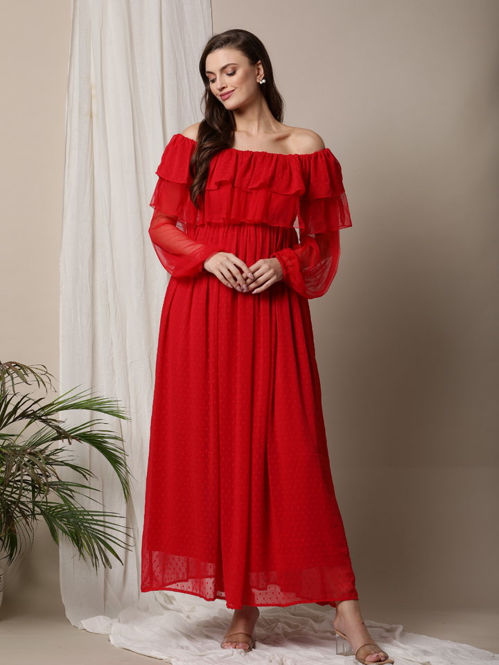 Feeding Ruffled Red Maxi Dress