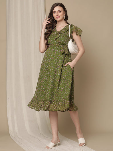 Green Frill Maternity Dress