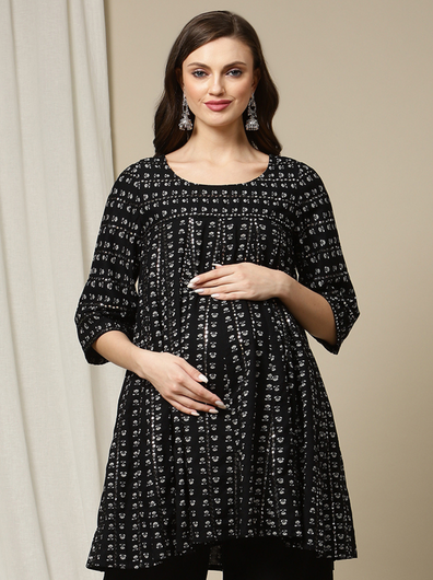Maternity Black Embroidered Kurti