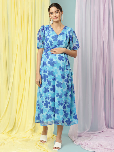 Maternity Blue Floral Dress