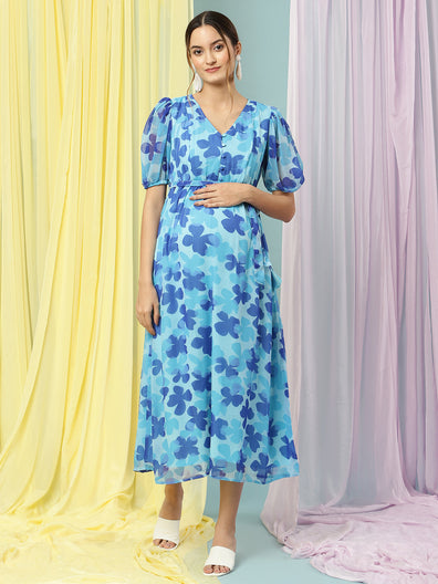Maternity Blue Floral Dress