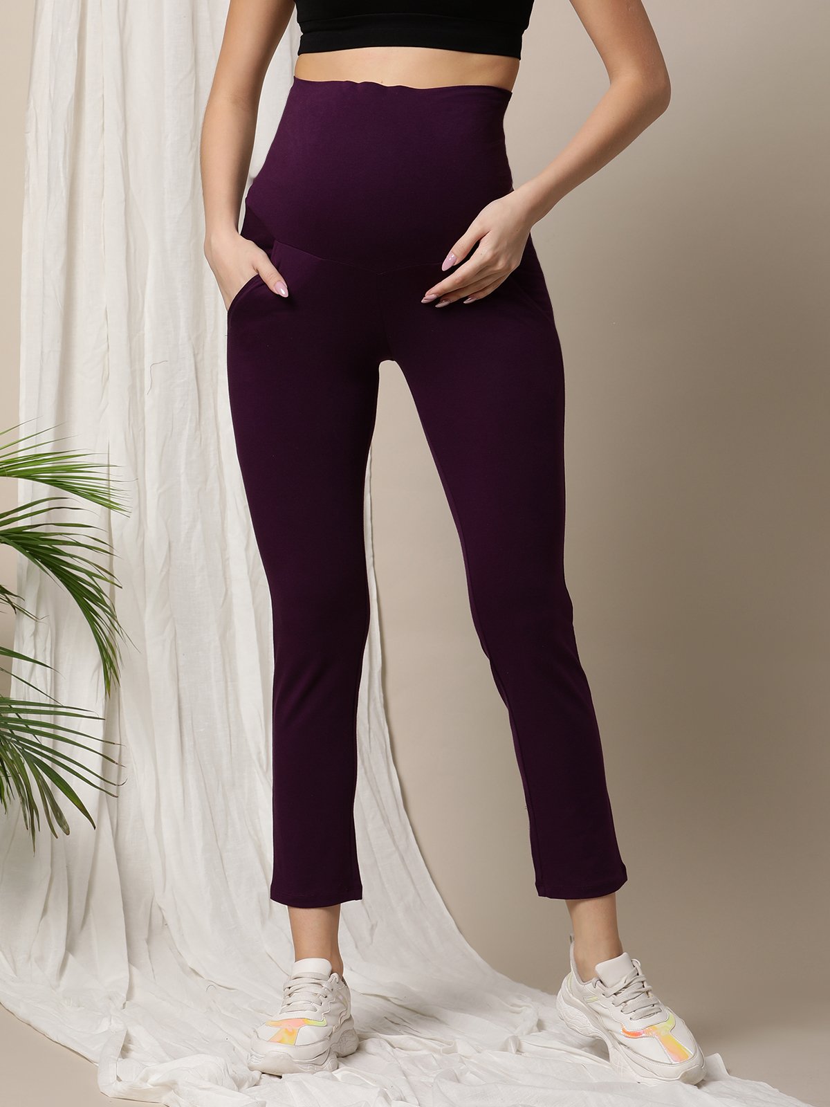 High Waisted Comfy Maternity Pants- Purple