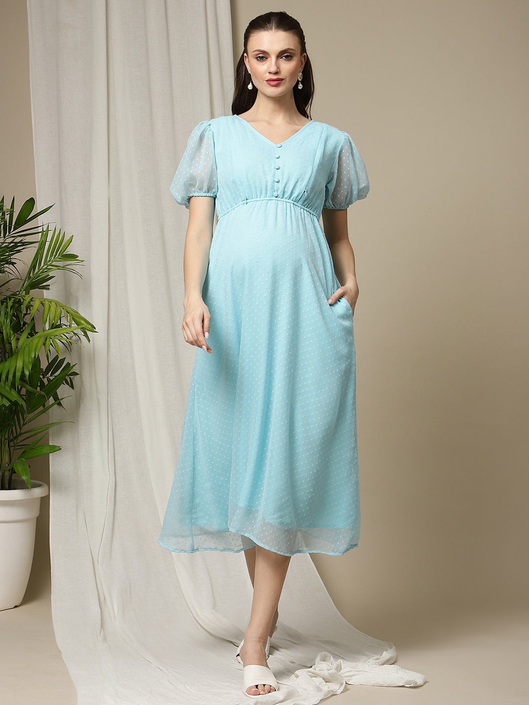 Maternity Casual Midi Dress- Blue Maternity Casual Midi Dress- Blue