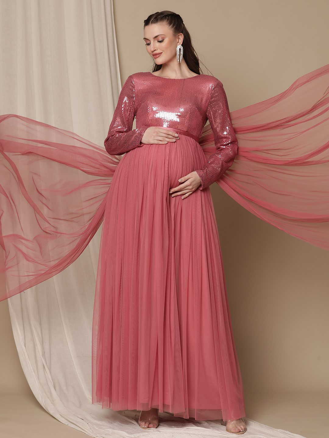Oscar Champagne Gold Satin Maternity Gown for Photo Shoot and Baby Sho –  sharon rose custom