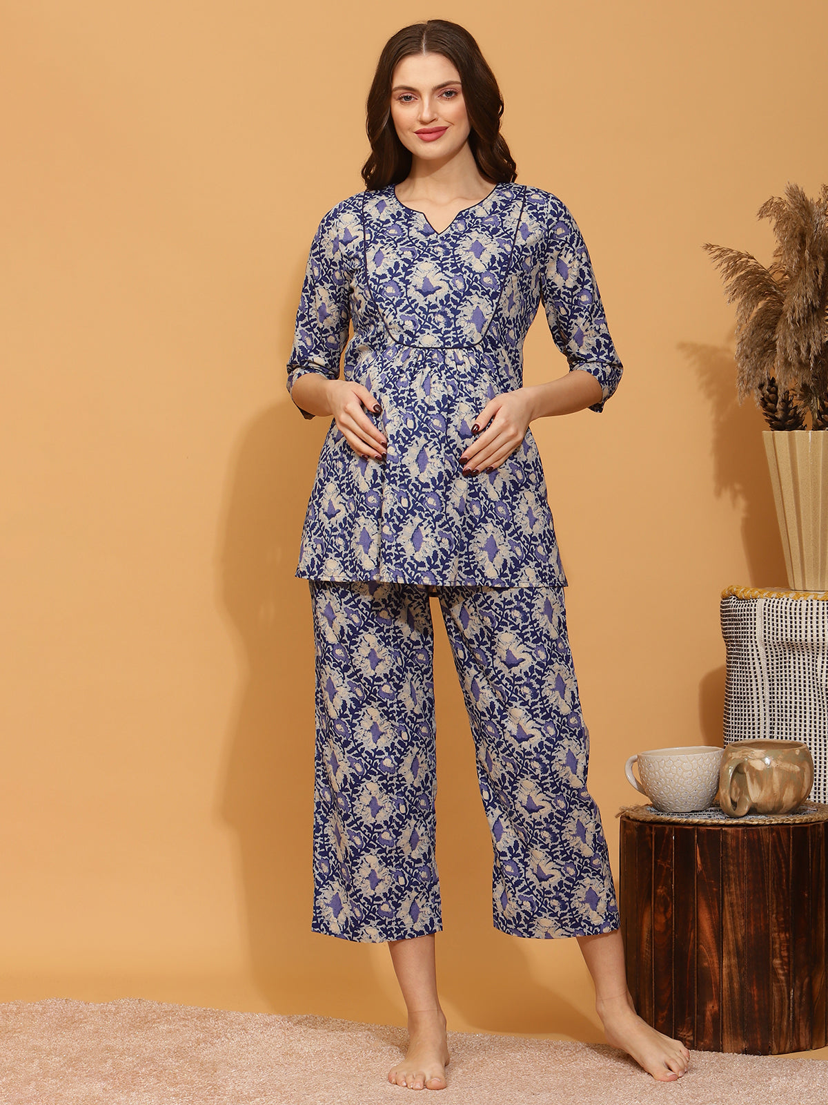 Buy Night keys Women's Digital Print Front Cotton Open Cream Night Suit Set  Of Shirt & Pyjama Nightdress Online at Best Prices in India - JioMart.